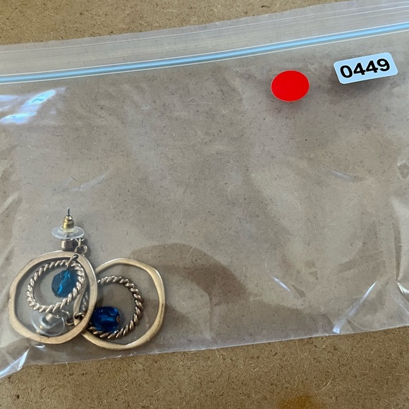 Brushed Gold Tone Circle Drop Pierced Earrings with Blue Acrylic Bead - Picture 7 of 7